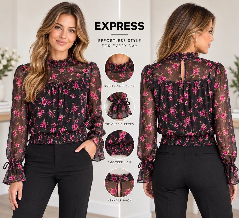 Express Black Pink Floral Sheer Blouse Large Ruffle Tie Cuff Long Sleeve NEW